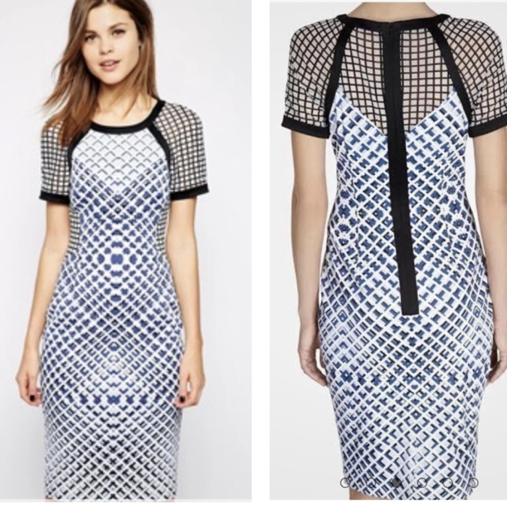 Karen Millen geometric print mesh sleeve sheath dress